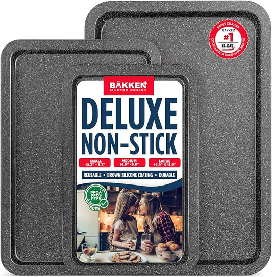 BAKKEN 3-Piece Kitchen Baking Pans - Small, Medium, and Large Cookie Pan, With Nonstick Coating, Stackable and Space-saving Design, PFOA, PFOS, PTFE Free, Oven Safe Tray (Up To 450°F), Gray Marble by Unknown