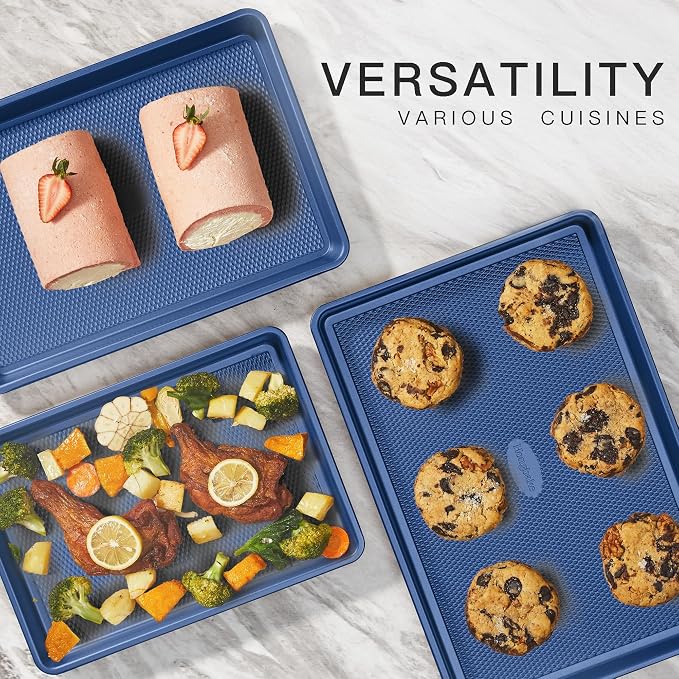 Baking Sheet Pan Set, Cookie Sheets for Oven, Nonstick Half/Quarter/Jelly Roll Pans with Diamond Texture Pattern, Heavy Duty Cookie Tray, Dark Blue - Image 3