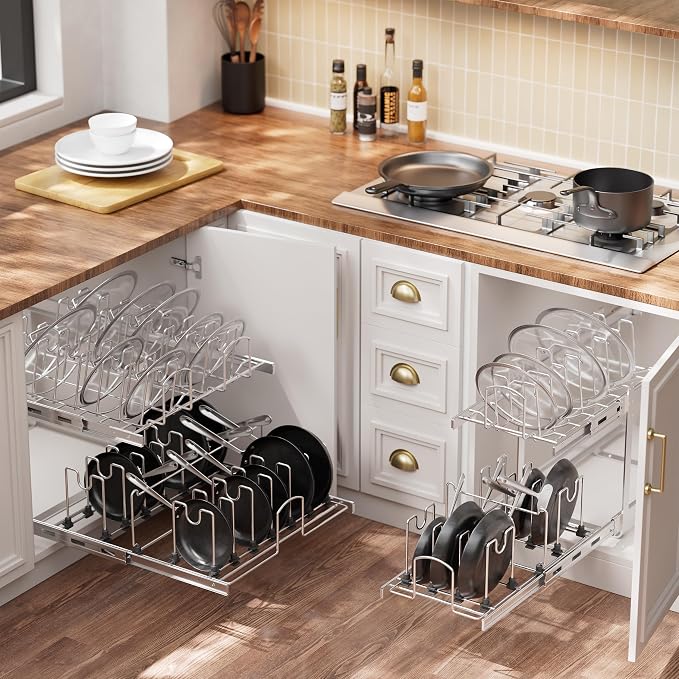 2-Tier Pots and Pans Organizer Under Cabinet Kitchen 15" W *22" D | Pull out Cabinet Organizer for Pots, Pans, and Lid Cookware, Adjustable Heavy Duty Wire Pan and Pot Rack, Full-Extension Rail - Image 9
