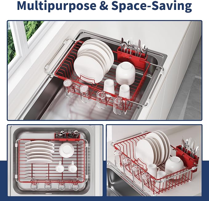 JASIWAY Red Dish Drying Rack in Sink, Dish Drainer with Utensil Holder | Over The Sink Expandable Stainless Steel Strainer Dryer Rack for Small Kitchen, Counter Space Saving, Fast Drain, Rustproof - Image 2