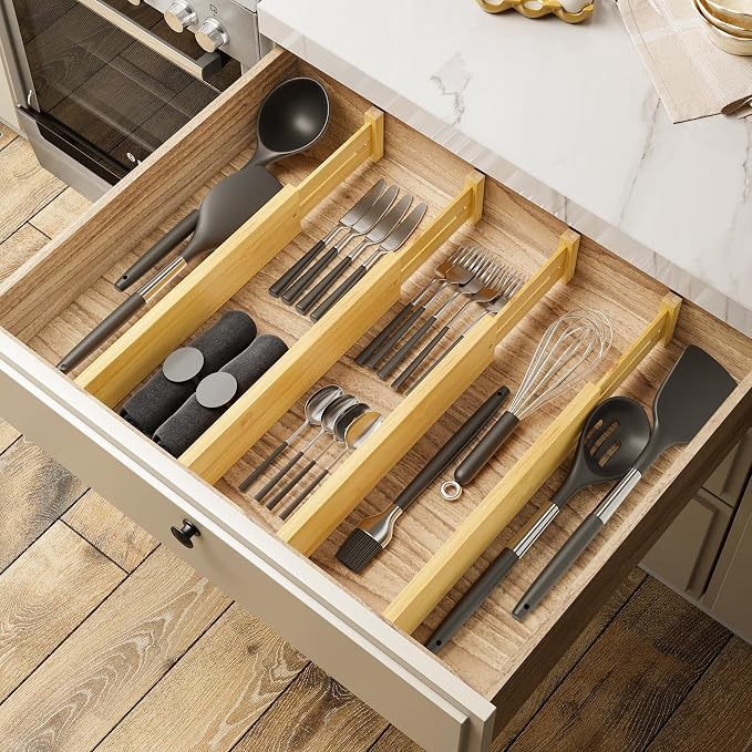 BAMEOS Bamboo Expandable Drawer Dividers – Fits 13.3"–19" Drawers, 3" Deep Walls, Set of 4 | Spring-Loaded Separator for Deep Kitchen & Bathroom Drawers, Prevents Items Falling Over - Image 4