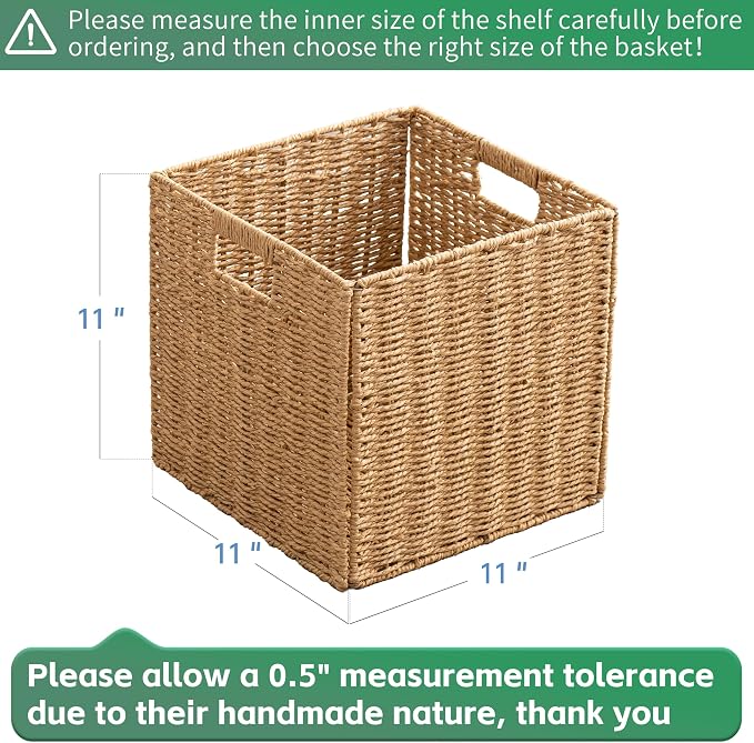 11x11x11 Cube Storage Bins Set of 4, Paper Rope Hand Woven Storage Basket with Handles, Collapsible Square Storage Cubes for Shelves, Wicker Shelf Baskets for Living Room Bedroom Organizing, Natural - Image 2