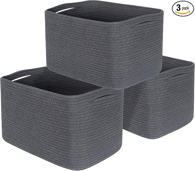 3-Pack Decorative Woven Storage Baskets for Shelves, Cube Bin Box for Organizing Books, Shoes, Dog Toys, Pantry Closet and Living Room Organizer, Charcoal Gray by MINTWOODDesign