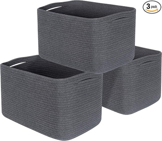 3-Pack Decorative Woven Storage Baskets for Shelves, Cube Bin Box for Organizing Books, Shoes, Dog Toys, Pantry Closet and Living Room Organizer, Charcoal Gray by MINTWOODDesign