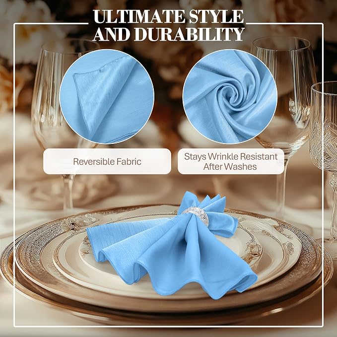 17x17-Inch Shantung Cloth Napkins, Light Blue, Set of 60 | Bulk Case of 5 Dozen, Satin, Square, 100% Polyester Fabric, Reversible, Faux Dupioni Silk Reverse Side, Machine Washable - Image 3