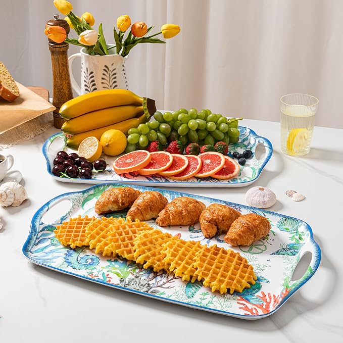 LEHAHA Serving Tray with Handles, Large Rectangular Melamine Serve Platter for Serve Food, Set of 2, 19 x 12 inch,Unbreakable Food Platter for Coffee Table, Ottoman Tray for Bedroom, Living Room. - Image 2