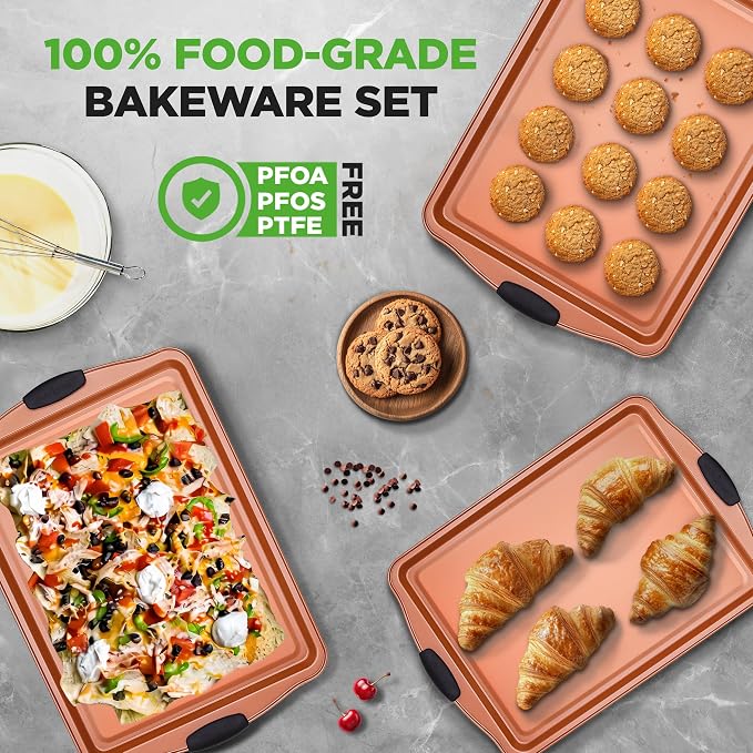 NutriChef 3 Piece Cookie Sheets for Baking - PFOA, PFOS, PTFE Free Nonstick Carbon Steel Bakeware Set - Home Kitchen Bake Pan Cookie Sheet Stackable Baking Sheet w/Black Silicone Handles NCSBS3S45 - Image 5