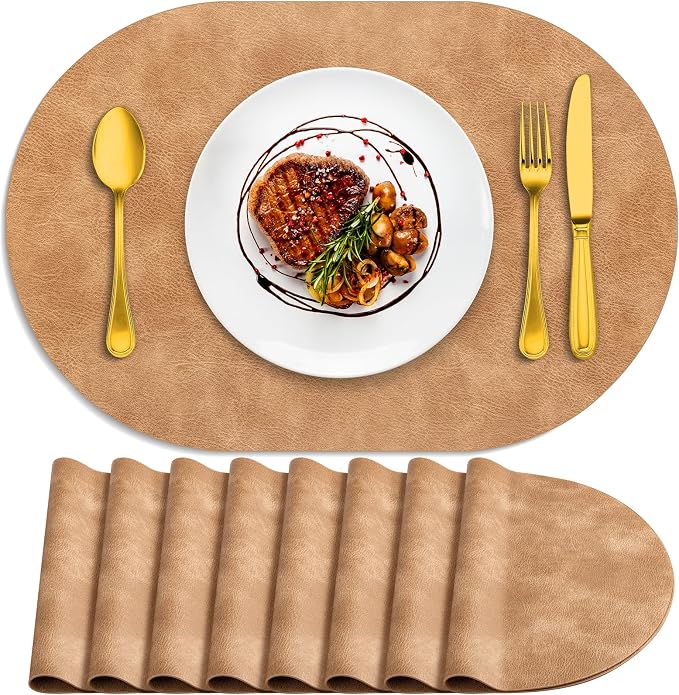 ADRIMER Placemats, Heat Resistant Oval Placemats Set of 8 Washable 12 x 17 Inch, Waterproof Table Mats, Wipeable Pu Place Mats for Kitchen, Dining Room, Light Brown by Adrimersdreamistobeanindispensablecompanioninyourlife