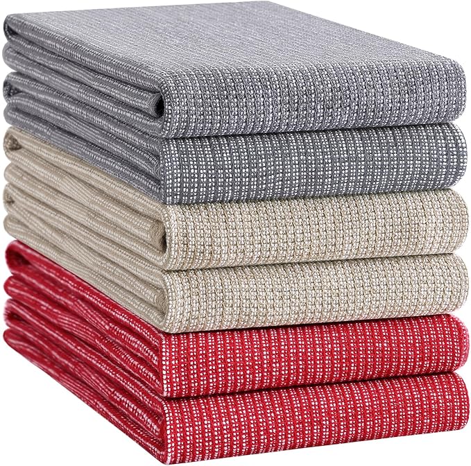 Homaxy 380 GSM Cotton Premium Kitchen Towels 6 Pack, 18"x 28", Mix | Flat and Terry Dish Towels, Highly Absorbent Tea Towel Set with Hanging Loop, Soft Kitchen Hand Towels, Red/Grey/Khaki - Image 8