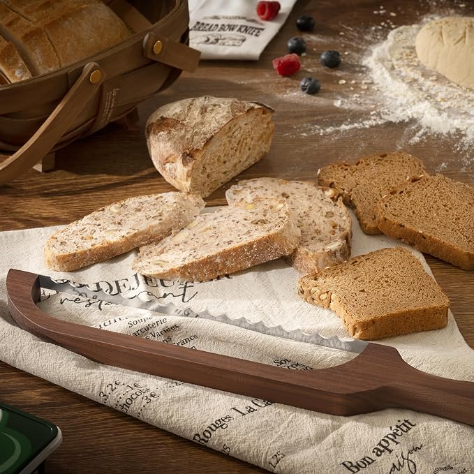 Bread Knife Package Slicer for Sourdough Bread, 16.5" Premium Wooden Bow Design, Premium Stainless Steel Serrated Saw, Cutter for cutting Loaf, Sandwich, Bagels, Homemade Bread & more - Black Walnut - Image 2