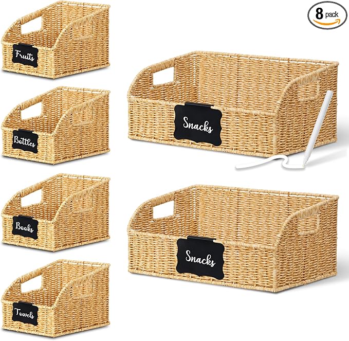Brownlily Faux Wicker Pantry Storage Baskets, Natural-Double Set (6-Piece) | Handwoven Baskets for Organizing with Built-in Handles, All-Purpose Storage Baskets with Chalkboard for Shelves,Laundry Room by Unknown