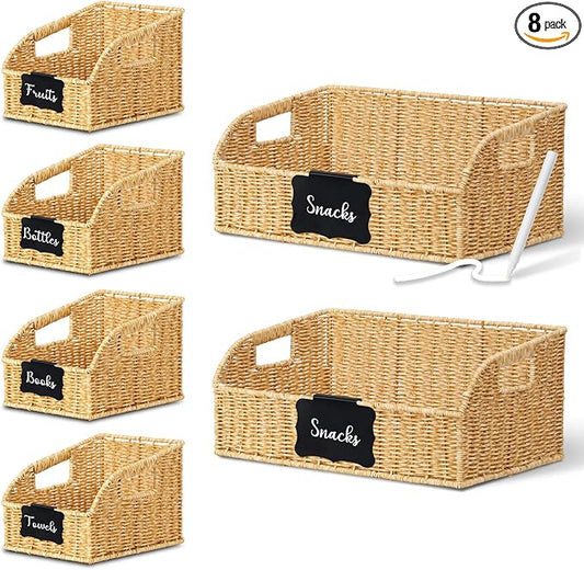 Brownlily Faux Wicker Pantry Storage Baskets, Natural-Double Set (6-Piece) | Handwoven Baskets for Organizing with Built-in Handles, All-Purpose Storage Baskets with Chalkboard for Shelves,Laundry Room by Unknown