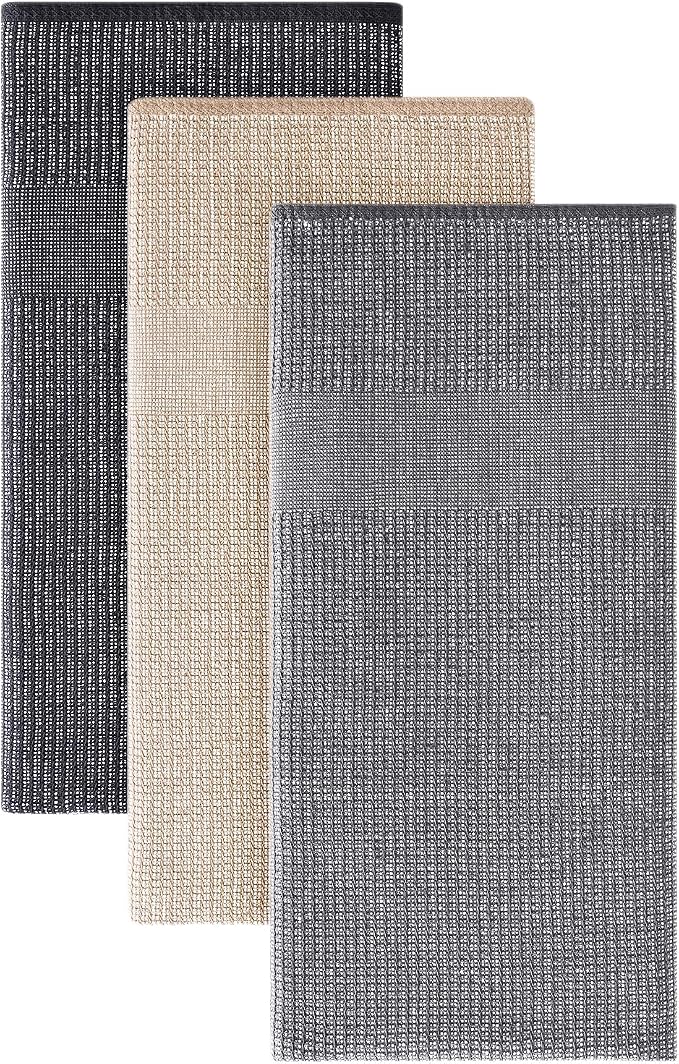 Homaxy 380 GSM Cotton Premium Kitchen Towels 3 Pack, 18"x 28", Mix | Flat and Terry Dish Towels, Highly Absorbent Tea Towel Set with Hanging Loop, Soft Kitchen Hand Towels, Grey/Khaki/Black by Homaxy