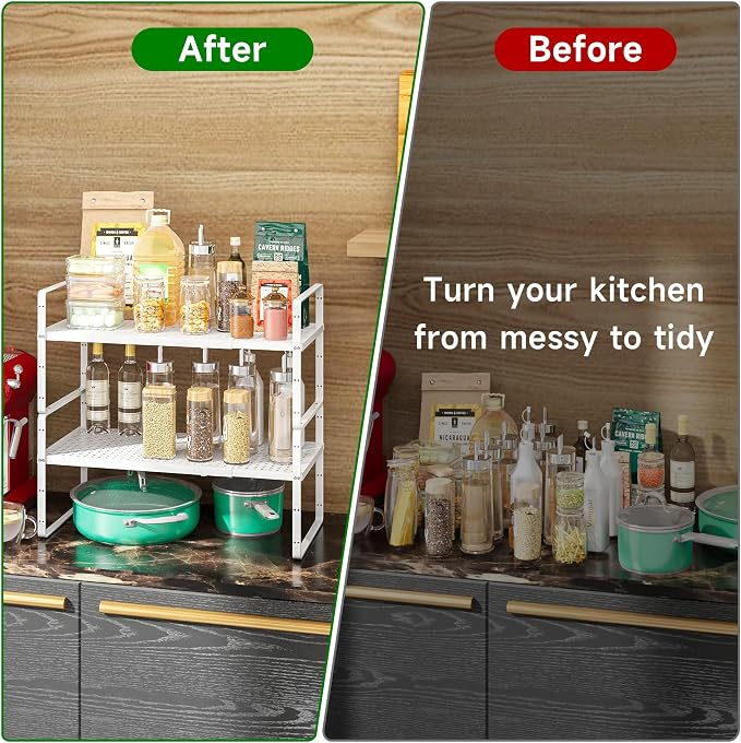 Expandable Kitchen Cabinet Shelf Organizer Rack, 16.5"-27" L x 8" W | Heavy-Duty Metal Expandable Shelf Holds 80 lb with 4 Height Levels for Kitchen Cabinet Cupboard Pantry Dish Mug - Image 5