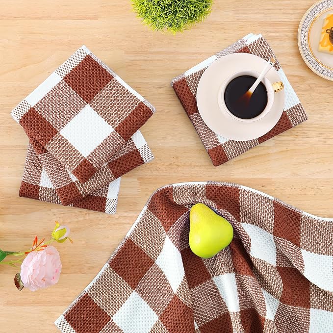 Homaxy Kitchen Towels and Dishcloths Set, Set of 16, White & Rust | Bulk Cotton Waffle Weave Check Plaid Kitchen Towels, Super Soft and Absorbent Dish Cloths, 12 x 12 and 13 x 28 Inches - Image 7