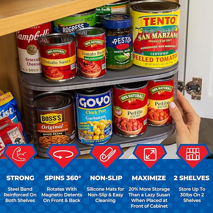 2-Tier Lazy Susan Pantry Organizer – Steel Reinforced Turntable for Kitchen Cabinets & Pantry Storage – Heavy-Duty Can Organizer Holds Up to 30 lbs – Rotates 360° – Includes 2 Bonus Bins - Image 4
