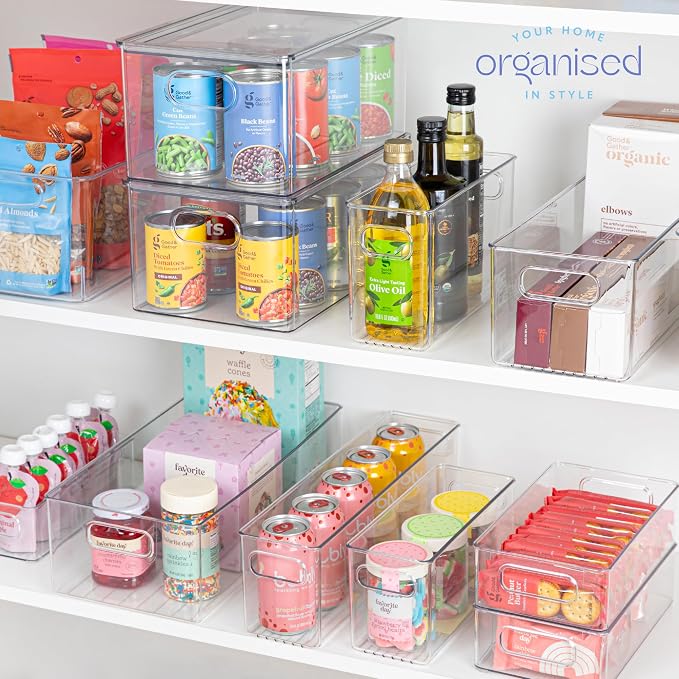 Plastic Food Storage 4 Pack Clear Container Bin with Handles for Organizing Kitchen, Pantry, Refrigerator, Freezer, Pantry, Cabinet, Closet, Bathroom. 10”x4”x6” - Image 7