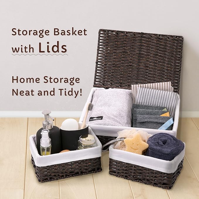 WeeNest Baskets for Organizing, Undershelf Wicker Storage, Hand Woven Organizer for Closet Organization, Rectangular Resin with Lid, Set of 3, Walnut Brown - Image 4