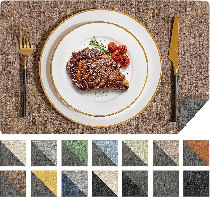 Romanstile Vinyl Placemats Set of 4, Reversible Faux Leather Heat Resistant Wipeable Table Mats, Waterproof Washable Non-Slip Table Placemats for Dining/Kitchen/Party/Outdoor (Grey Brown, 12" x 17") by Romanstile