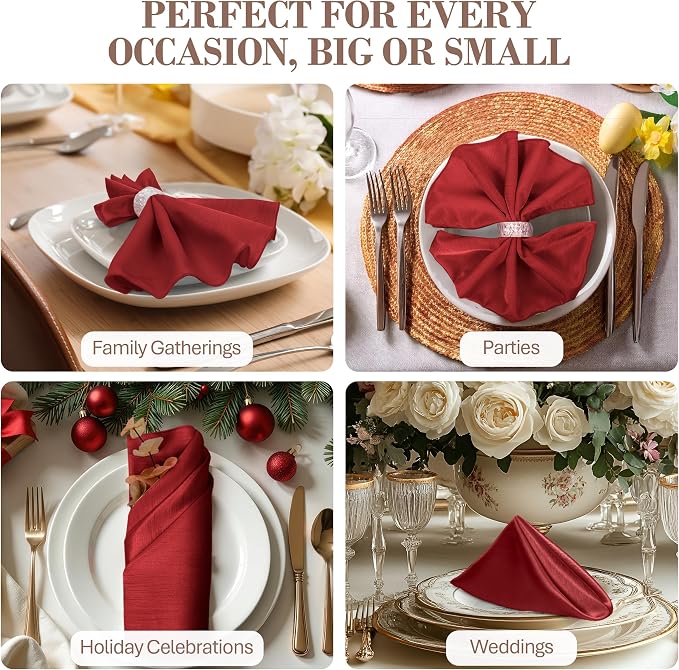 17x17-Inch Shantung Cloth Napkins, Cherry Red, Set of 12 | Bulk Case of 1 Dozen, Satin, Square, 100% Polyester Fabric, Reversible, Faux Dupioni Silk Reverse Side, Machine Washable - Image 4