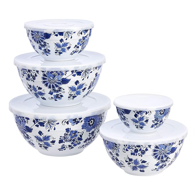 Amazon Basics Mixing Bowls with Lids, Nesting Melamine Serving Bowls, Non-Slip Base, BPA Free, Dishwasher Safe, 5 Sizes, Blue and White Floral, Set of 10 by AmazonBasics