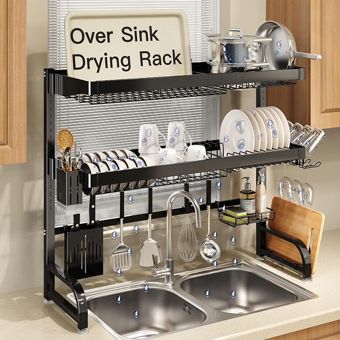 Over The Sink Dish Drying Rack, Extra Large Capacity Dish Drainer | 3 Tier Extra Large All Stainless Steel Expandable Plate Strainers, Rustproof Metal, Counter Space Saving, Modern Black by Boosiny
