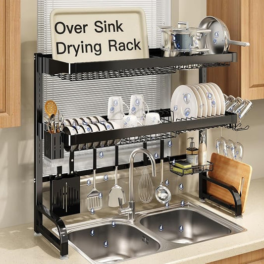 Over The Sink Dish Drying Rack, Extra Large Capacity Dish Drainer | 3 Tier Extra Large All Stainless Steel Expandable Plate Strainers, Rustproof Metal, Counter Space Saving, Modern Black by Boosiny