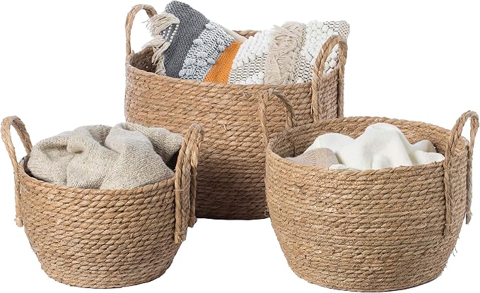 Vintiquewise Decorative Round Wicker Woven Rope Storage Blanket Basket with Braided Handles - Set of 3 by Vintiquewise