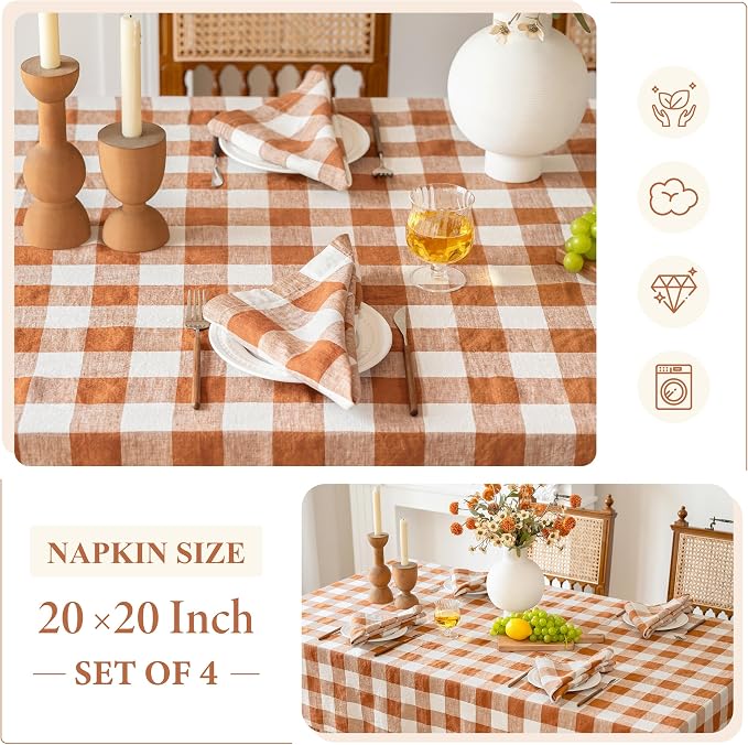 Linen World 100% Linen Gingham Napkins 20x20 Inch,Soft and Breathable French Flax Plaid Cloth Napkins,Stone Washed Set of 4(Rust Plaid) - Image 5