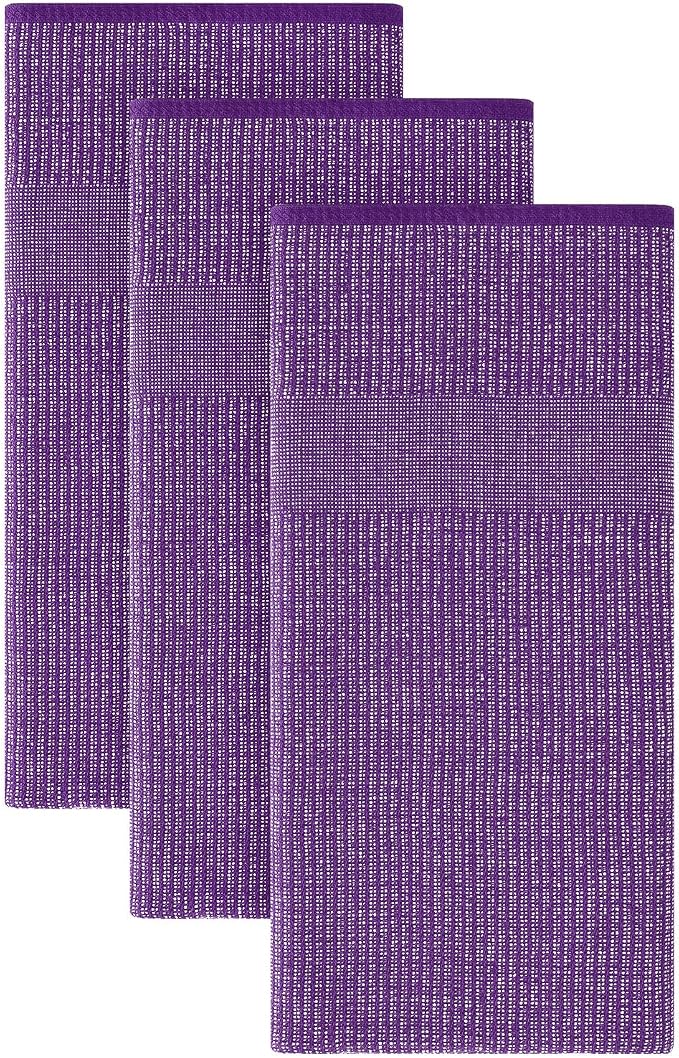 Homaxy 380 GSM Cotton Premium Kitchen Towels 3 Pack, 18"x 28", Purple | Flat and Terry Dish Towels, Highly Absorbent Tea Towel Set with Hanging Loop, Soft Utility Kitchen Hand Towels by Homaxy