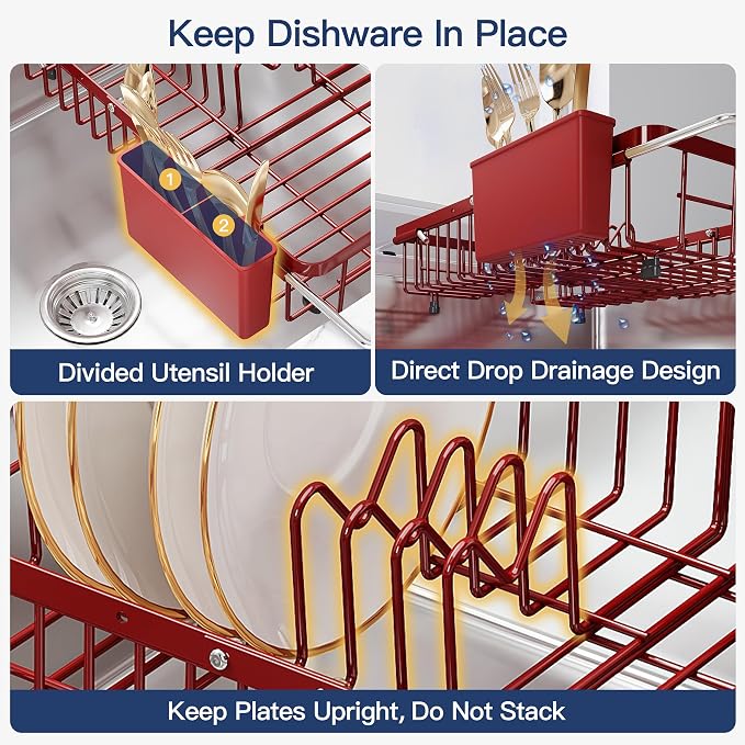 JASIWAY Red Dish Drying Rack Over the Sink with Utensil Holder | Expandable Stainless Steel Dish Driainers for Small Kitchen, Counter Space Saving, Fast Drain, Rust Resistant, For Apartment - Image 9