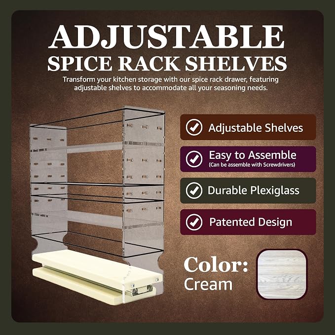 Adjustable Spice Rack Drawer - Pull Out Cabinet Organizer - Kitchen and Pantry Organizers and Storage - Spice Caddy - 1 Drawer, 2 Upper Tier (3.45" W x 11.25" H x 10.6" D, Cream) - Image 2