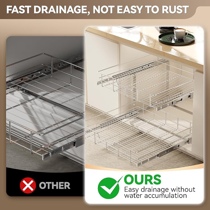 2 Tier Pull Out Cabinet Organizer 24" W X 22" D, Chromed, Full Slide Out | For Kitchen Organizers and Storage, Pull Out Drawers For Cabinets Capacity Heavy Duty Caddy, Cabinet Shelves, Bathroom Pantry - Image 6
