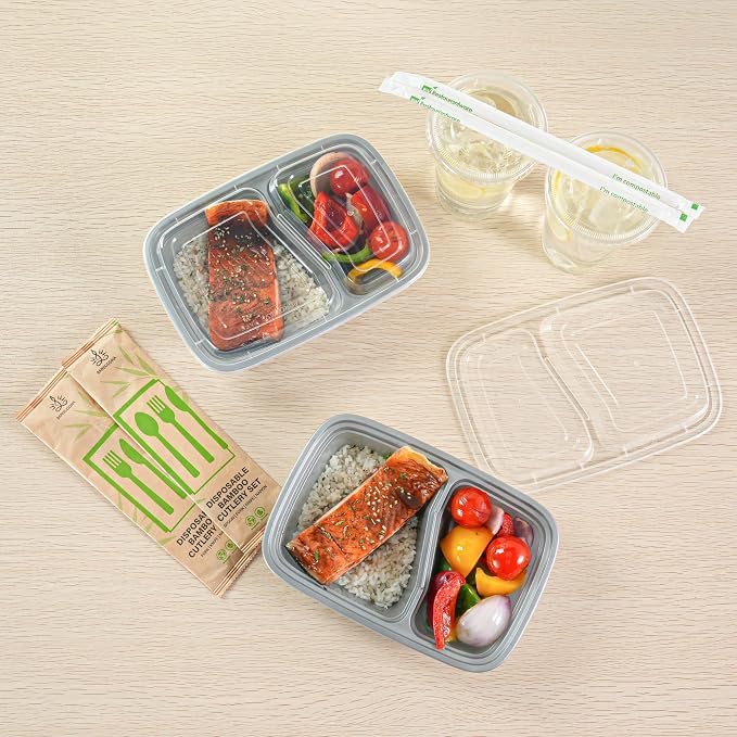Restaurantware-Asporto 26 Ounce Compartment Take Out Boxes, 100 Microwavable Meal Prep Containers - 2 Compartments, With Clear Plastic Lids, Silver Plastic Food Containers, Do Not Contain BPA - Image 7