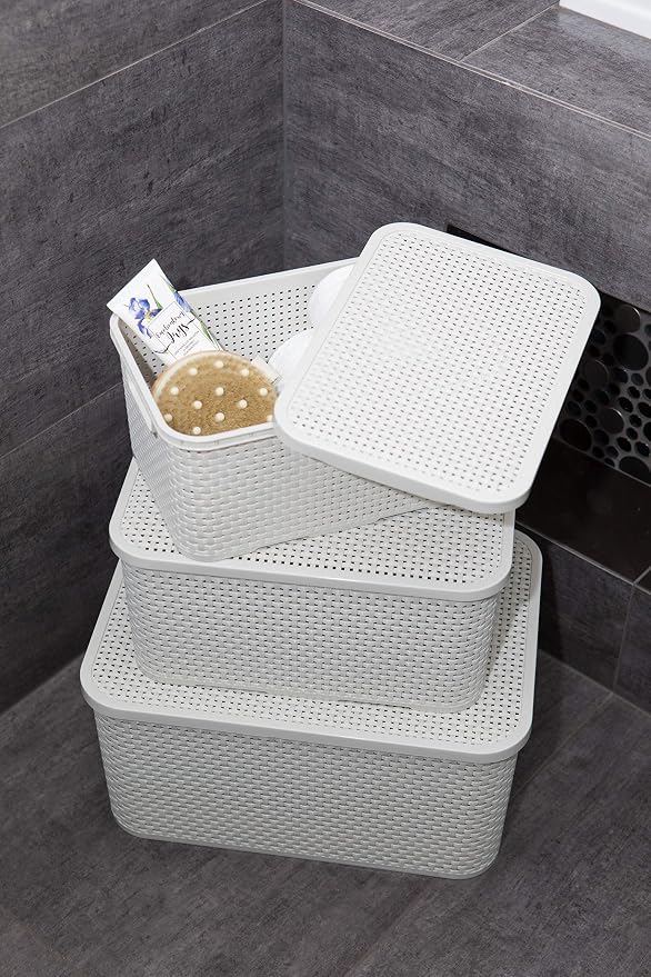 BranQ - Home essential Basket in Rattan Design Set of 3 Size M 10L Plastic PP Cream 28.8 x 19.7 x 16.2 cm (L x W x H) - Image 5