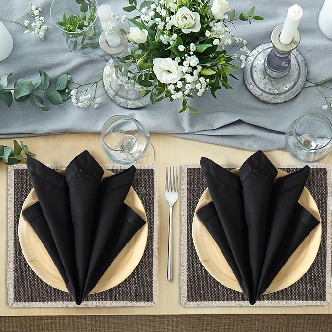 Ramanta Home Black Cloth Dinner Napkin Set of 24-18x18 Inch | Cotton Linen Flax Hemstitched Napkins Washable for Everyday Use - Image 3