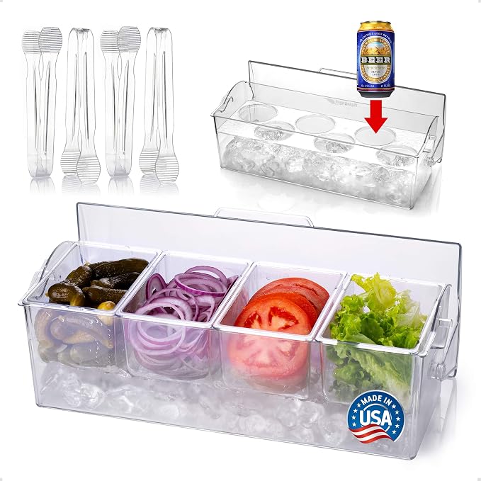 Pikanty Chilled Condiment Server Caddy with Ice Base - 4 Compartments and 4 Serving Tongs Included, Mimosa Bar, Taco Bar, Garnish Tray for Parties, Weddings, BBQs, Dishwasher Safe, Made in USA by Pikanty