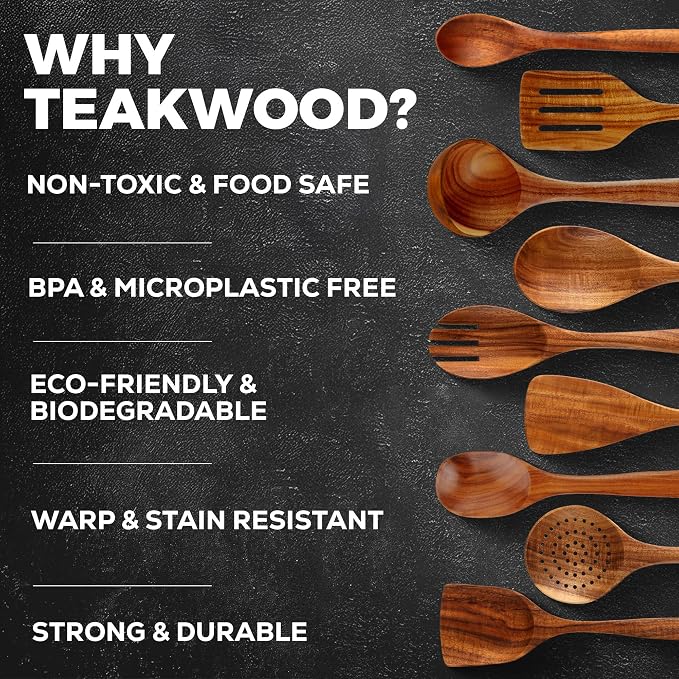 Zulay Kitchen 15-Piece Teak Wooden Utensils for Cooking - Natural Teak Utensil Set with Premium Gift Box - Non-Stick Wooden Spoons for Cooking - Kitchen Gift Set - Comfortable Grip Wooden Utensil Set - Image 4
