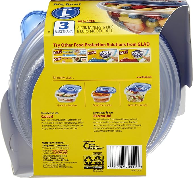 Glad GladWare Big Bowl Food Storage Containers with Lids, Large Round No BPA Plastic Containers for Soups, Salads, and Meal Prep, Lock Tight Seal, Microwave Dishwasher Safe, 48 Oz, 3 Count - 6 Pack | Lock-tight seal for soups, salads, and meal prep in ... - Image 4
