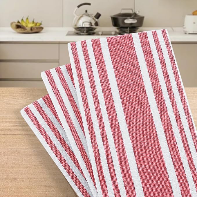 Homaxy Premium Cotton Stripe Kitchen Towels 3 Pack, 18"x 28", Red | Large 380 GSM Kitchen Hand Towels, Soft Terry Dish Towels, Highly Absorbent Tea Towel Set with Hanging Loop - Image 7