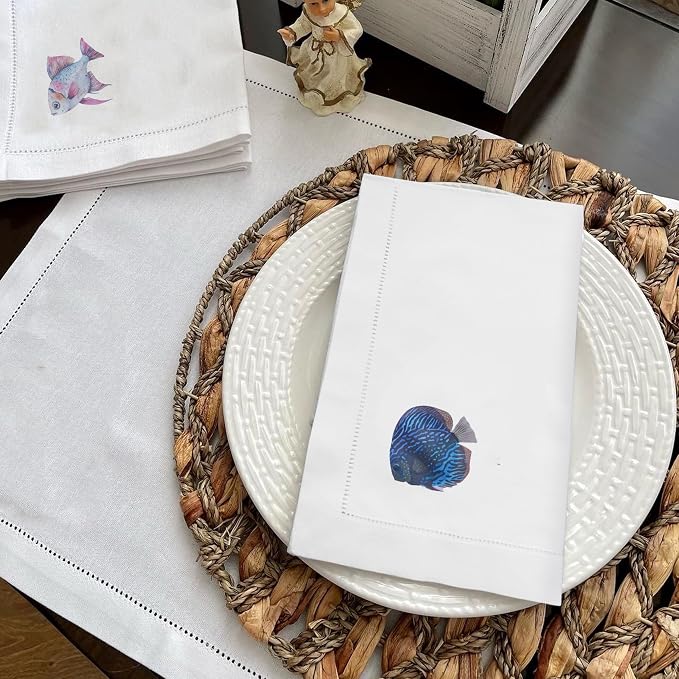Cloth Tea Napkins Set of 4, Marine Animal Print Cloth Napkins, Reusable Cotton Table Napkins for Dinners, Beach Parties, Coffee and Cocktail Settings, 20x20 Inches (Fish) - Image 4