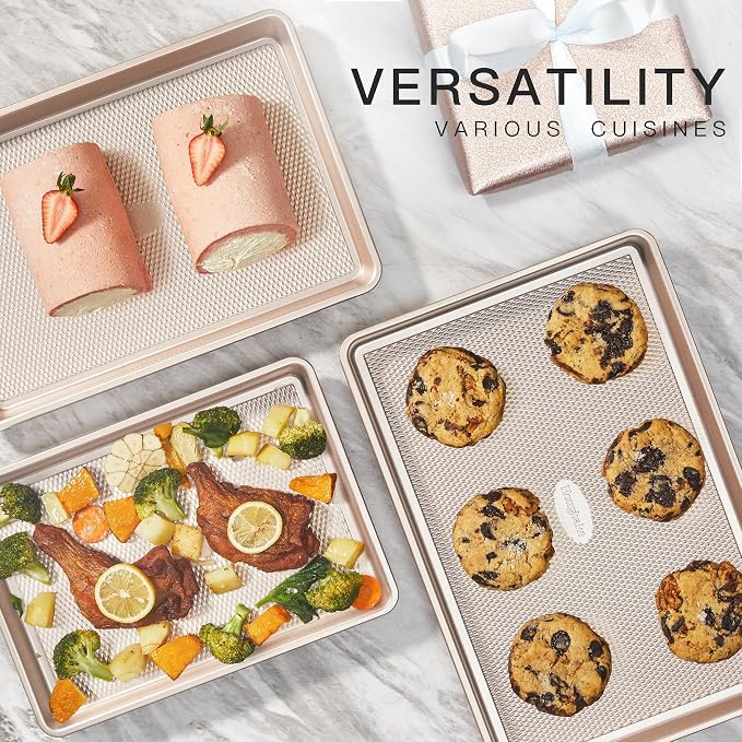 Baking Sheet Pan Set of 3, Cookie Sheets for Oven, Nonstick Half/Quarter/Jelly Roll Pans with Diamond Texture Pattern, 0.8mm Thick Heavy Duty Cookie Tray, Champagne Gold - Image 4