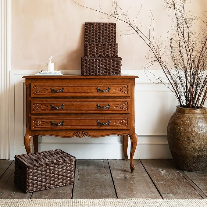 Granny Says Wicker Baskets with Lids, Decorative Storage Boxes With Lids | Woven Baskets With Lids, Wicker Baskets For Storage, Decorative Storage Boxes, Woven Stackable Basket with Lid for Organizing - Image 3