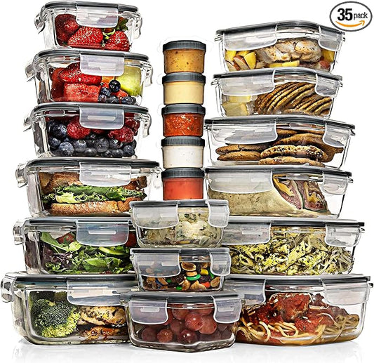 Razab 35 Pc Set Glass Food Storage Containers with Lids - Meal Prep Airtight Bento Boxes BPA-Free 100% Leak Proof (15 lids,15 glass & 5 Plastic Sauce/Dip Containers) by RazabHomeGoods