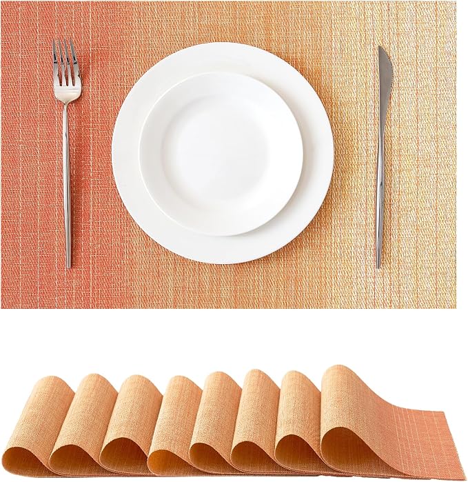 Leetaltree Gradient Burnt Orange Woven Placemats Set of 8 - Heat Resistant Non-Slip Fall Place Mats for Dining Table, Washable Durable PVC Vinyl Woven Table Mats(Gradient Orange-red, 8) by Leetaltree-ArtatEveryTable