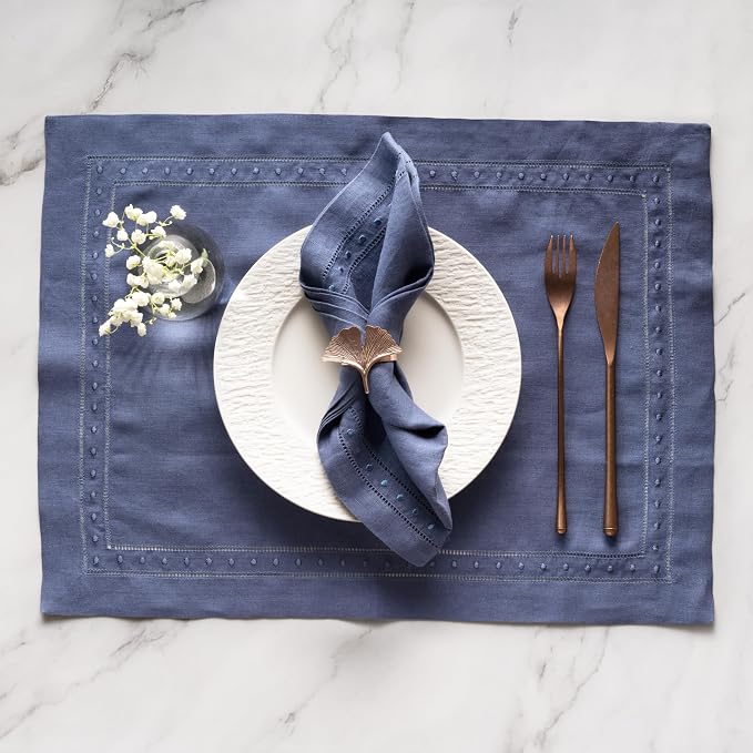 Linen Napkins Set of 4-100% Pure Linen Navy Blue Dinner Napkins with Embroidered Dot 18 x 18 inch - Hemstitch Cloth Napkins Washable for Summer and Wedding Decor - Image 8