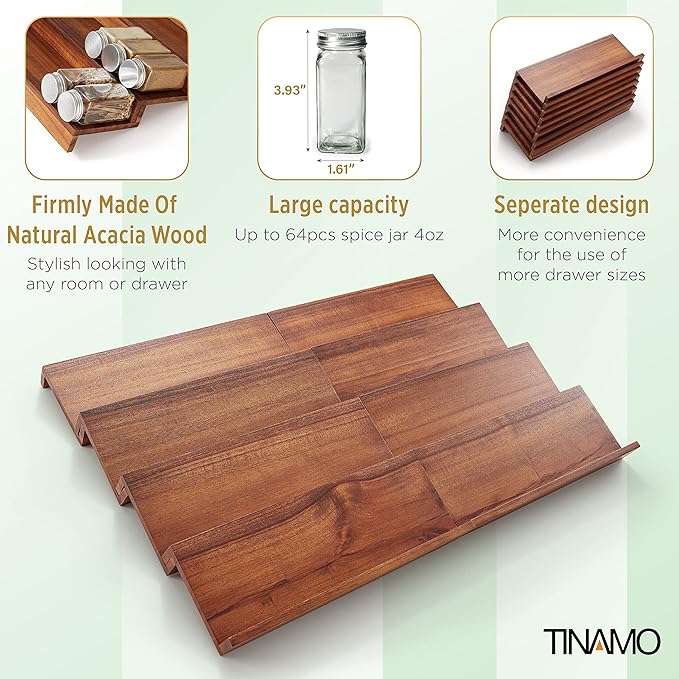 Tinamo Acacia Wooden Spice Rack Organizer for Cabinet - Spice Drawer Insert, Spice Organization for Cabinet, Seasoning Organizer, 4-Tier Spice Jar Rack for Drawer, Spice Holder Pack of 8 (64 Jars) | Acacia Wood Construction, No assembly, Stackable 4-tr... - Image 4