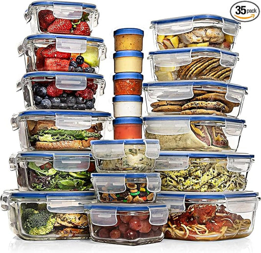 Razab 35 Pc Set Glass Food Storage Containers with Lids - Meal Prep Airtight Bento Boxes BPA-Free 100% Leak Proof (15 lids,15 glass & 5 Plastic Sauce/Dip Containers) by RazabHomeGoods
