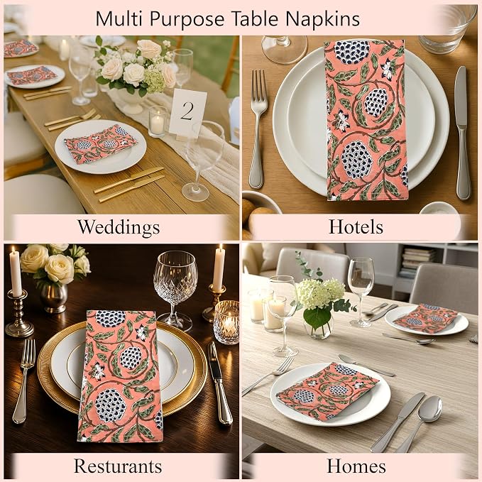 Dark Salmon Hand Block Print 100% Cotton Napkins 18" x 18" (Set of 4) Reuseable Kitchen Napkins Cloth Decor Dinner Party Wedding Cocktail Gift for Spring, Easter, Summer - Image 8