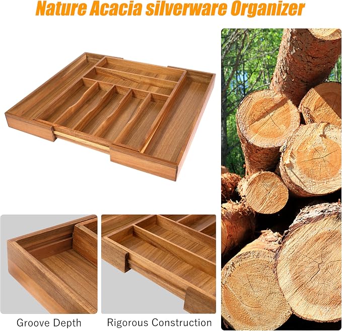 Large Premium Acacia Wood Silverware Organizer - Expandable Utensil Drawer Organizer - 17"x19.6" Utensil Holder and Cutlery Tray with Grooved for Kitchen Flatware Utensils(7-9 Slot, Acacia) - Image 4
